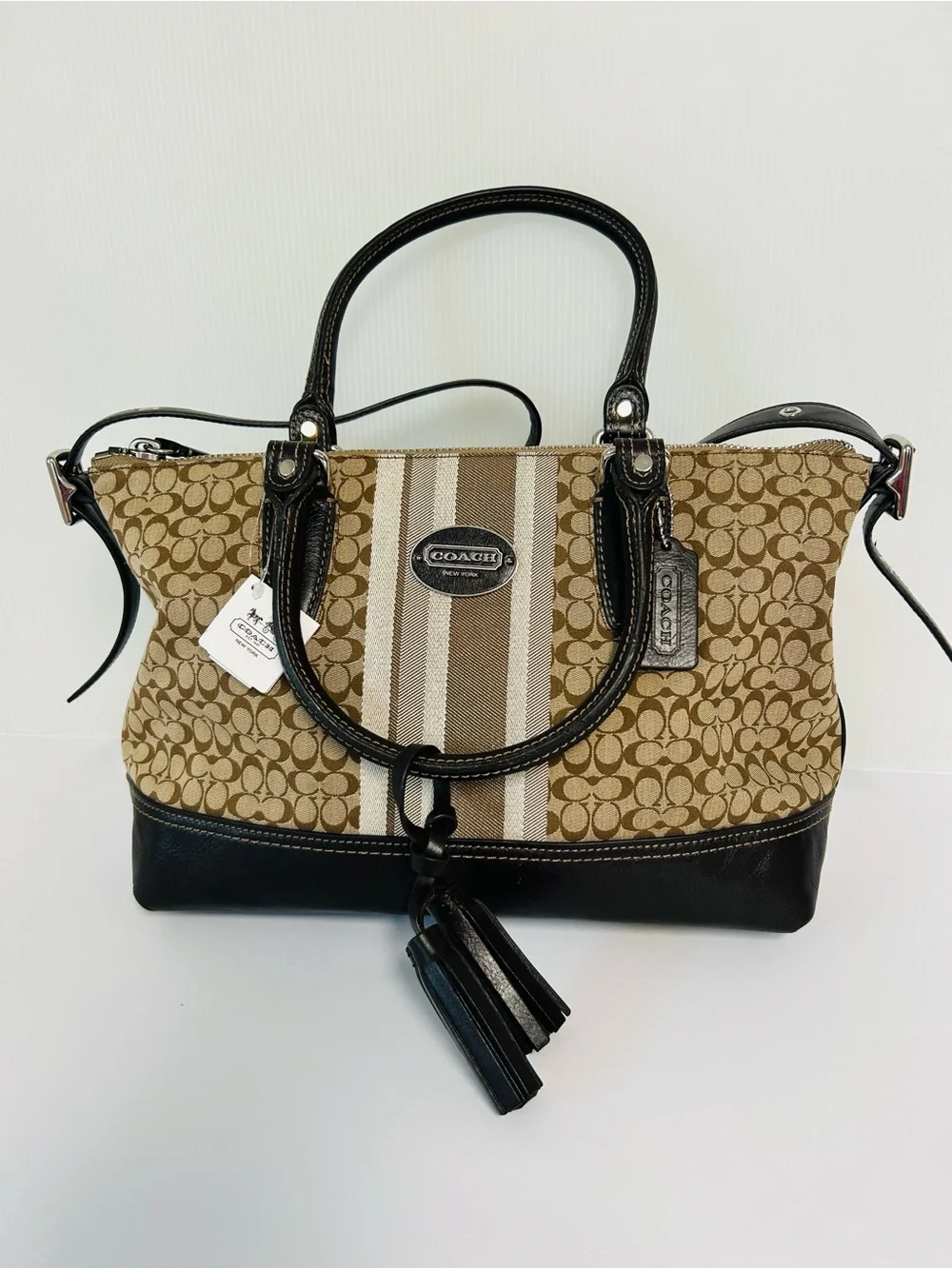Coach NWT M1320-29622E Retired Striped East/West Satchel Leather Trim Bag